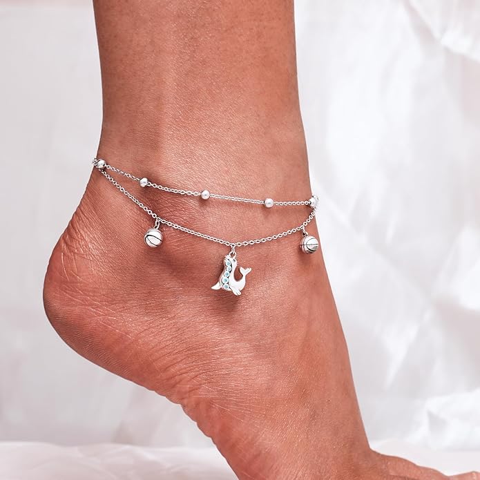 CHIC & ARTSY Womens Sterling Silver Created Opal Layered Anklet Bracelet Dainty Beaded Chain Adjustable 11" Best Friend Anklet