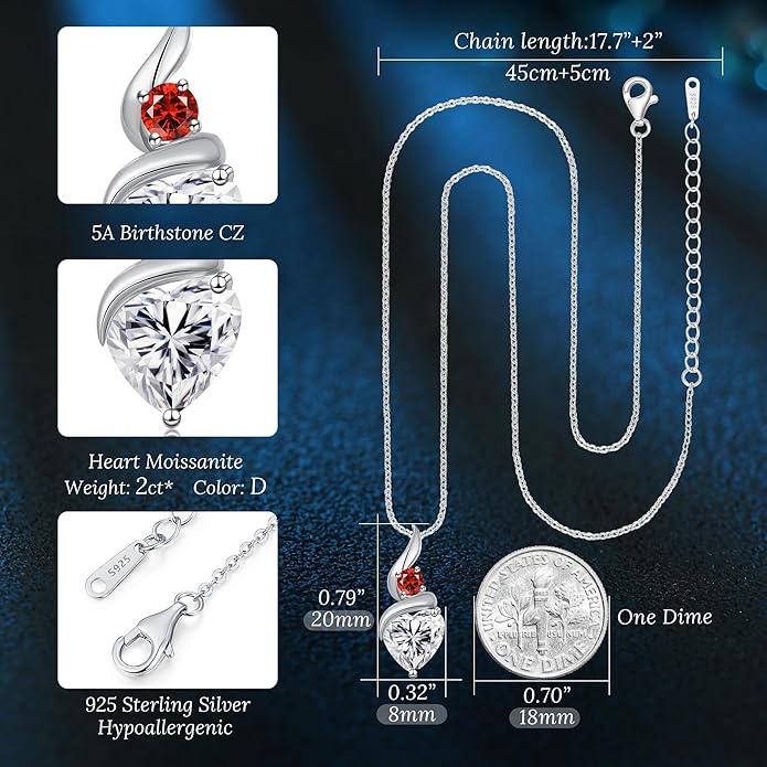 Moissanite Heart Pendant Necklaces for Women，925 Sterling Silver Gold Plating Necklace with Birthstone，Ideal Anniversary Present or Birthday Christmas Valentine Engagements Mothers Day Jewelry Gifts for Mom Wife Her Girlfriend