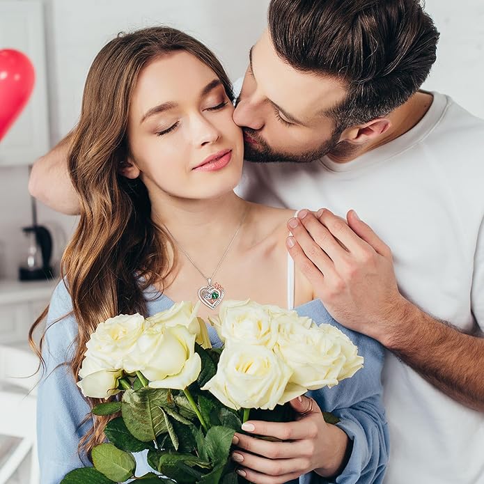 Iefil Rose Heart Necklace Gifts for Wife Women - 925 Sterling Silver Double Birthstone Necklace, Anniversary Birthday Gifts for Women, Jewelry Gift for Wife Girlfriend Mom Her