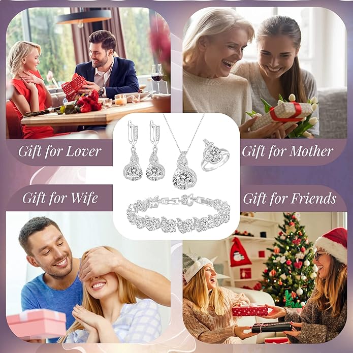 GZWHD Jewelry Set for Women Water Drop Cubic Zirconia Artificial Crystal Earrings Pendant Necklace Open Ring Tennis Bracelet Wedding Anniversary Birthday Engagement Gift for Bridesmaid Wife Girlfriend Friend