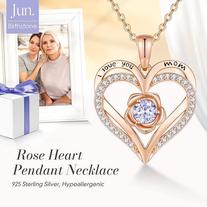 CDE S925 Silver Rose Gold Heart Birthstone Necklaces for Women，Ideal Anniversary or Birthday Jewelry Gifts for Wife Girlfriend Her
