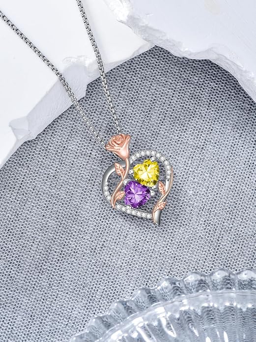 Jewelry for Her Double Heart Rose Birthstone Pendant Necklace Anniversary Jewelry Christmas Birthday Gifts for Women Wife Girlfriend