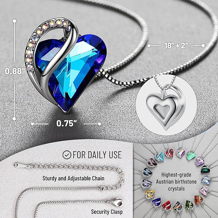 Necklaces for Women, Infinity Love Birthstone Heart Crystal Pendant, Birthday Jewelry Gifts for Her, Mom, and Wife, Silver Plated, 18 plus 2 inch Adjustable Chain
