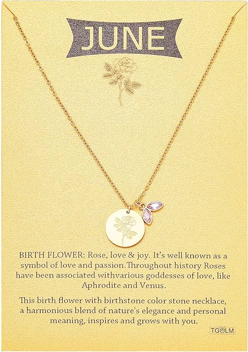 14k Gold Plated Birth Month Flower Birthstone Pendant Necklace, Floral Charm Necklace for Women Birthday Gift