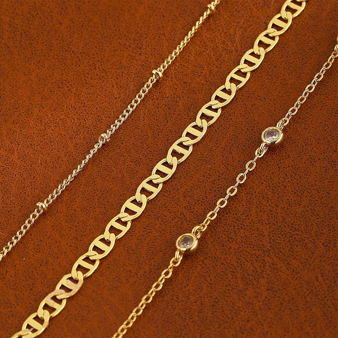 Ankle Bracelets for Women 14K Real Gold Silver Plated Ankle Bracelets Waterproof Heart Beads Rope Satellite Anklets Set Adjustable Layered Anklet Bracelets No Tarnish Summer Beach Jewelry Gift