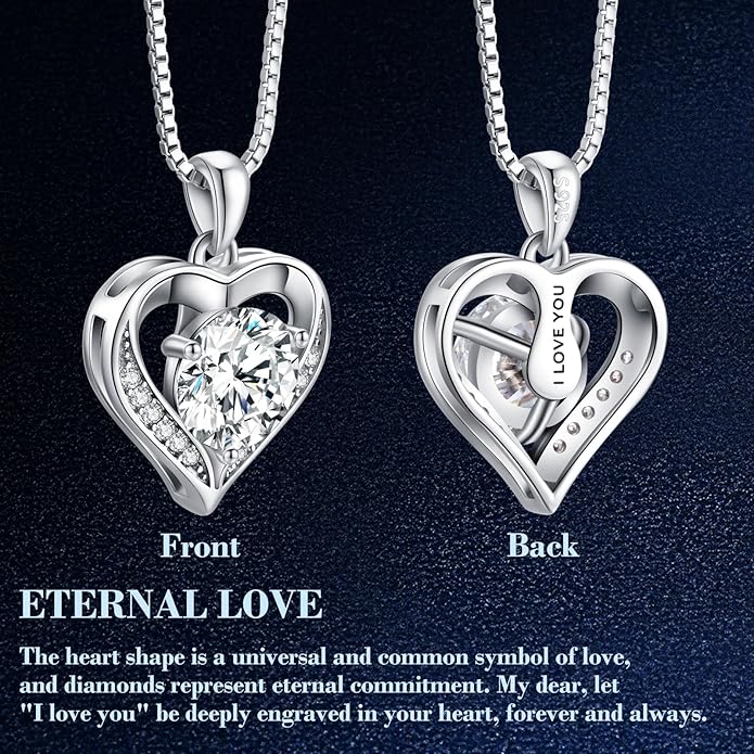 Moissanite Necklace for Women, 1-3 Carat Moissanite Heart Necklace Engraved with 'I LOVE YOU', Birthday Gift for Wife, Anniversary Present for Wife, Women, Jewelry Gifts for Girlfriend, Mom