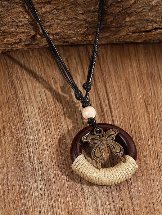 MINACHI Ethnic Boho Chic Double Wooden Ring Circle Necklace, Vintage Bohemian Summer Statement Jewelry Gift for Women
