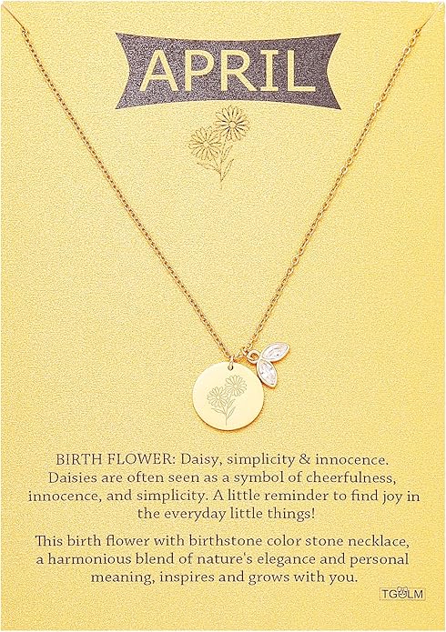 14k Gold Plated Birth Month Flower Birthstone Pendant Necklace, Floral Charm Necklace for Women Birthday Gift