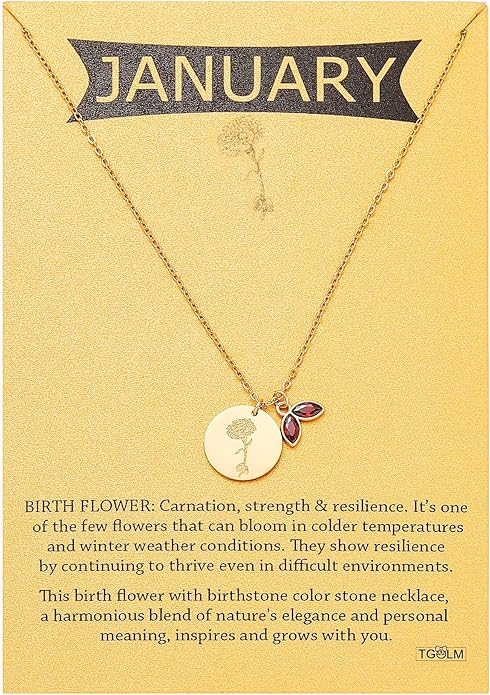 14k Gold Plated Birth Month Flower Birthstone Pendant Necklace, Floral Charm Necklace for Women Birthday Gift