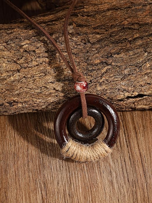 MINACHI Ethnic Boho Chic Double Wooden Ring Circle Necklace, Vintage Bohemian Summer Statement Jewelry Gift for Women