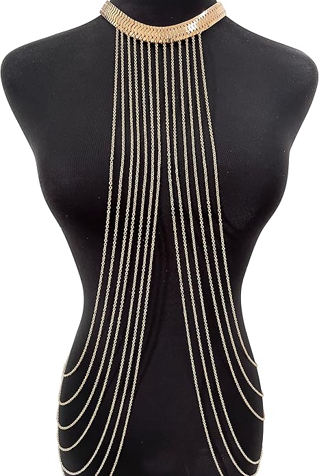 Harness Body Chain Sexy Layered Tassel Belly Waist Chain Necklace Boho Hot Bikini Nightclub Party Beach Body Jewelry for Women and Ladies Gold Tone