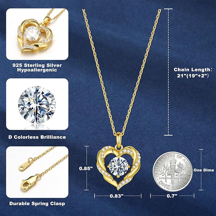 MOOSEA Moissanite Necklace for Women, 1-3 Carat D Color VVS1 Clarity Moissanite Heart Pendant Necklaces Anniversary Birthday Gifts for Wife Mom Daughter 925 Sterling Silver Necklace