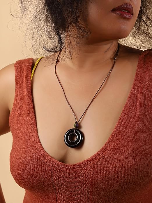 MINACHI Ethnic Boho Chic Double Wooden Ring Circle Necklace, Vintage Bohemian Summer Statement Jewelry Gift for Women