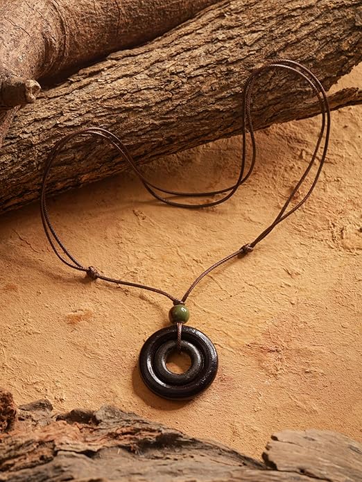 MINACHI Ethnic Boho Chic Double Wooden Ring Circle Necklace, Vintage Bohemian Summer Statement Jewelry Gift for Women