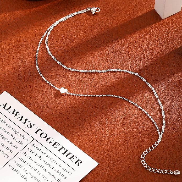 Ankle Bracelets for Women 14K Real Gold Silver Plated Ankle Bracelets Waterproof Heart Beads Rope Satellite Anklets Set Adjustable Layered Anklet Bracelets No Tarnish Summer Beach Jewelry Gift