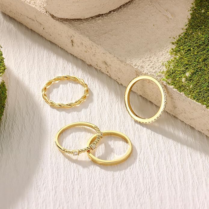 FUNRUN JEWELRY Stackable Gold Rings for Women Non Tarnish 14K Gold Plated Minimalist Cubic Zirconia Statement Engagement Promise Band Rings Thin Dainty Knuckle Thumb Ring Set Size 5-10