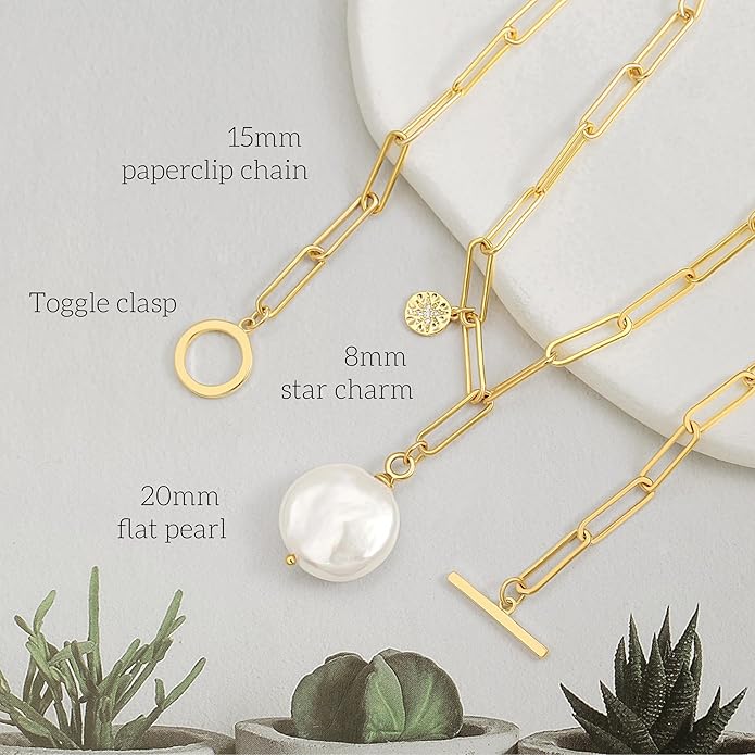18k Gold Chain Link Necklace for Women, Baroque Pearl/Compass Pendant Necklace