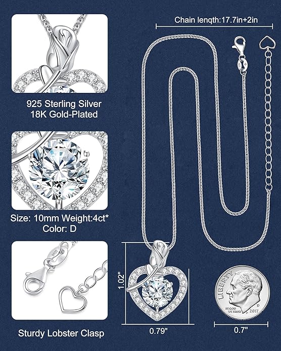 Rose Heart Pendant Necklace Gifts for Wife, 2-4 Carat Moissanite Heart Necklace Engraved with 'I LOVE YOU', Ideal Anniversary Present or Birthday Jewelry Gifts for Mom Wife Her Girlfriend