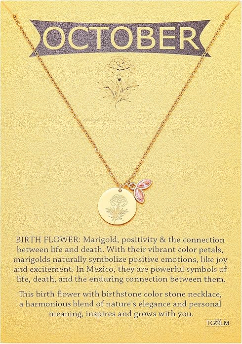 14k Gold Plated Birth Month Flower Birthstone Pendant Necklace, Floral Charm Necklace for Women Birthday Gift