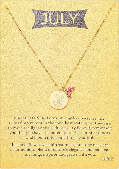 14k Gold Plated Birth Month Flower Birthstone Pendant Necklace, Floral Charm Necklace for Women Birthday Gift