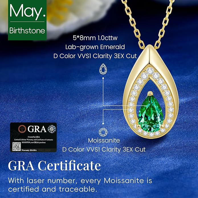Kstyle 14K Gold Lab-Grown Moissanite/Emerald/Birthstone Pendant Necklaces for Women, Wife Girlfriend Daughter Mom Grandma Gifts, Dainty Birthday Jewelry for Her (925 Sterling Silver Base) Non Tarnish