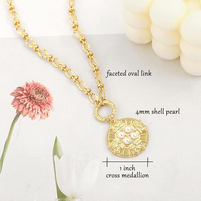18k Gold Chain Link Necklace for Women, Baroque Pearl/Compass Pendant Necklace