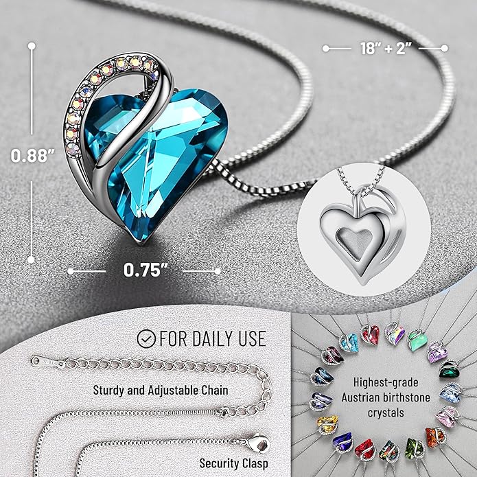 Necklaces for Women, Infinity Love Birthstone Heart Crystal Pendant, Birthday Jewelry Gifts for Her, Mom, and Wife, Silver Plated, 18 plus 2 inch Adjustable Chain