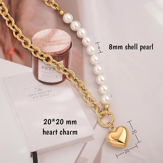 18k Gold Chain Link Necklace for Women, Baroque Pearl/Compass Pendant Necklace
