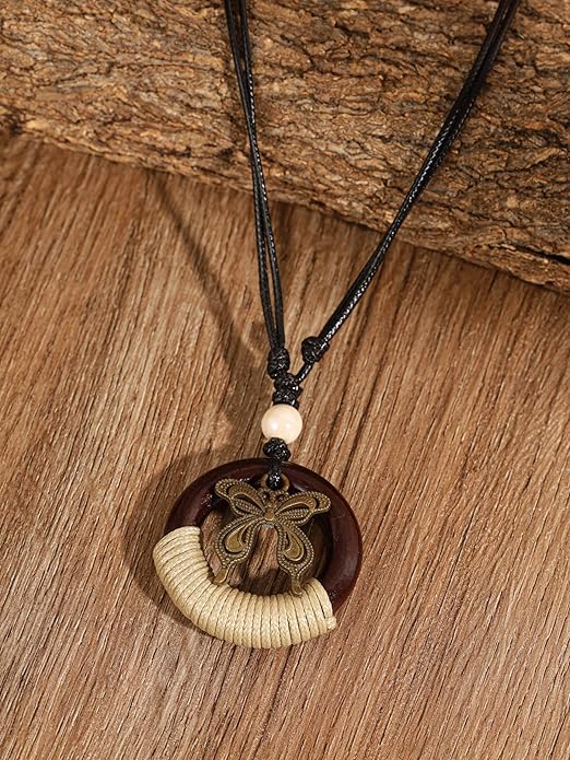 MINACHI Ethnic Boho Chic Double Wooden Ring Circle Necklace, Vintage Bohemian Summer Statement Jewelry Gift for Women