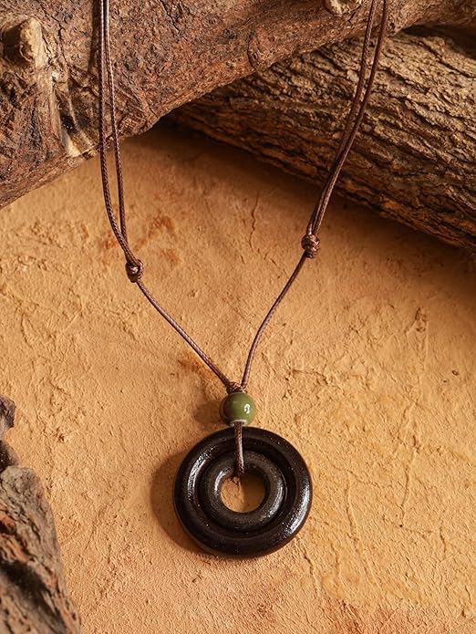 MINACHI Ethnic Boho Chic Double Wooden Ring Circle Necklace, Vintage Bohemian Summer Statement Jewelry Gift for Women
