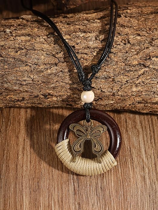 MINACHI Ethnic Boho Chic Double Wooden Ring Circle Necklace, Vintage Bohemian Summer Statement Jewelry Gift for Women