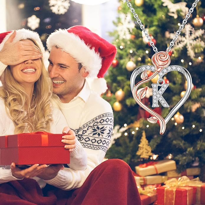 Iefil Rose Heart Necklaces Gifts for Women - 925 Sterling Silver Rose Heart Initial Necklace, Anniversary Birthday Gifts for Women, Jewelry Gift for Her Wife Girlfriend Mom Daughter