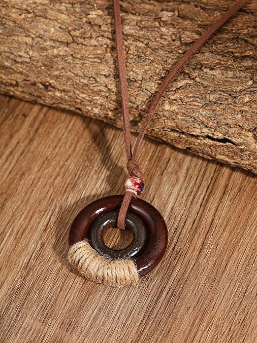 MINACHI Ethnic Boho Chic Double Wooden Ring Circle Necklace, Vintage Bohemian Summer Statement Jewelry Gift for Women