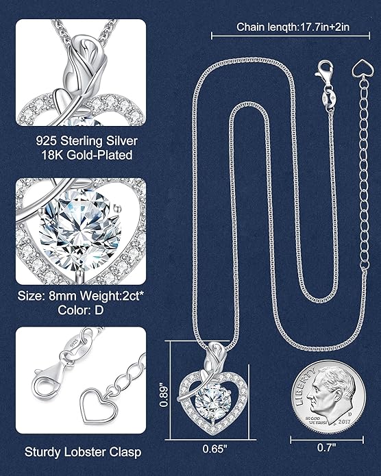 Rose Heart Pendant Necklace Gifts for Wife, 2-4 Carat Moissanite Heart Necklace Engraved with 'I LOVE YOU', Ideal Anniversary Present or Birthday Jewelry Gifts for Mom Wife Her Girlfriend