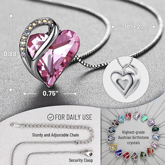 Necklaces for Women, Infinity Love Birthstone Heart Crystal Pendant, Birthday Jewelry Gifts for Her, Mom, and Wife, Silver Plated, 18 plus 2 inch Adjustable Chain