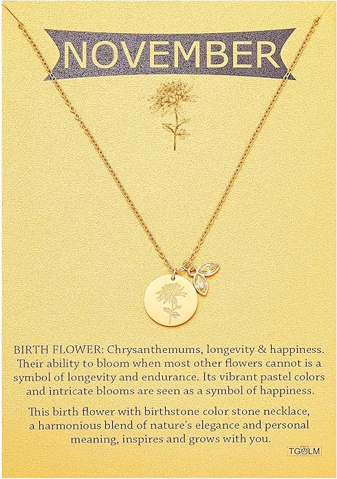 14k Gold Plated Birth Month Flower Birthstone Pendant Necklace, Floral Charm Necklace for Women Birthday Gift