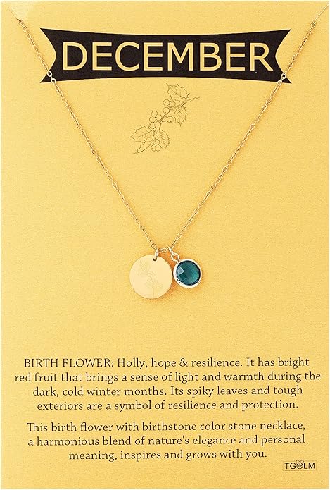 14k Gold Plated Birth Month Flower Birthstone Pendant Necklace, Floral Charm Necklace for Women Birthday Gift