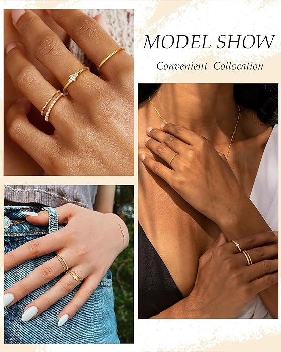 TOBENY Stackable Silver Gold Rings for Women Non Tarnish 14K Gold Plated Cubic Zirconia Ring Set Trendy Dainty Engagement Wedding Bands Thumb Rings Stacking Promise Statement Rings Jewelry Size 6-10