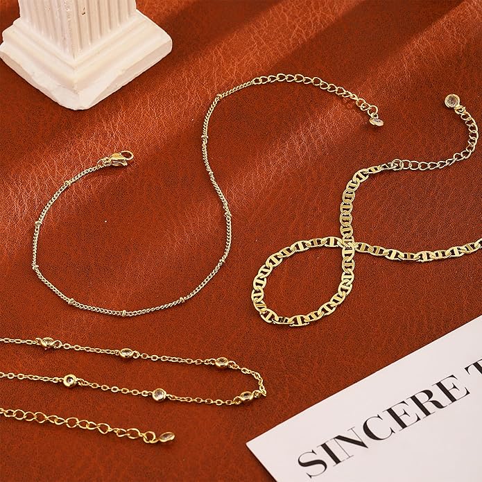 Ankle Bracelets for Women 14K Real Gold Silver Plated Ankle Bracelets Waterproof Heart Beads Rope Satellite Anklets Set Adjustable Layered Anklet Bracelets No Tarnish Summer Beach Jewelry Gift