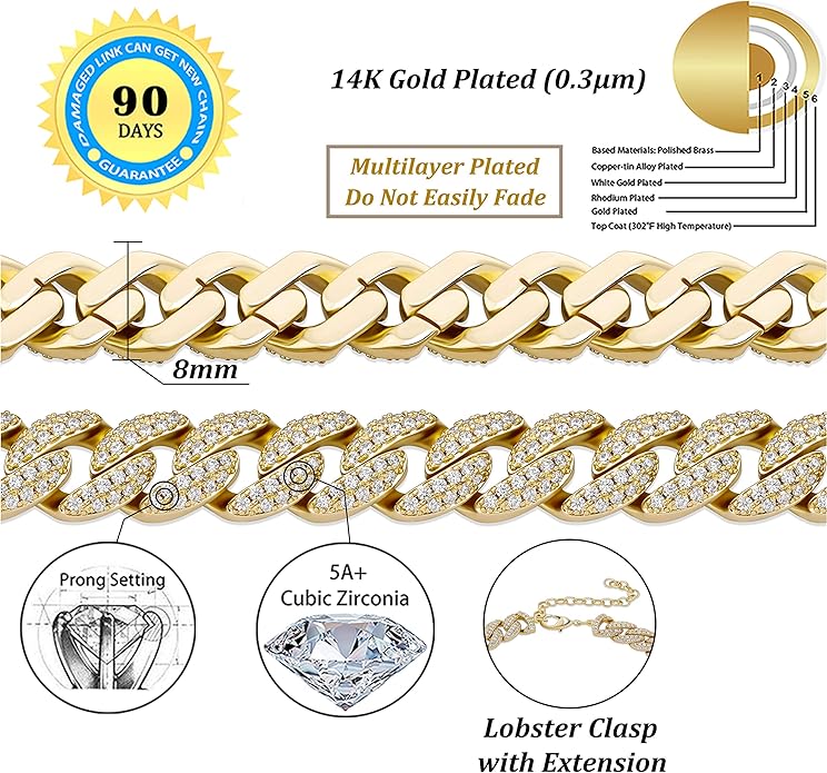 TOPGRILLZ Gold Anklets for Women Cuban Link Anklets Iced out Faux Diamond Chunky Ankle Bracelets 8mm 14K Gold Silver Plated Minimalist Fashion Foot Jewelry