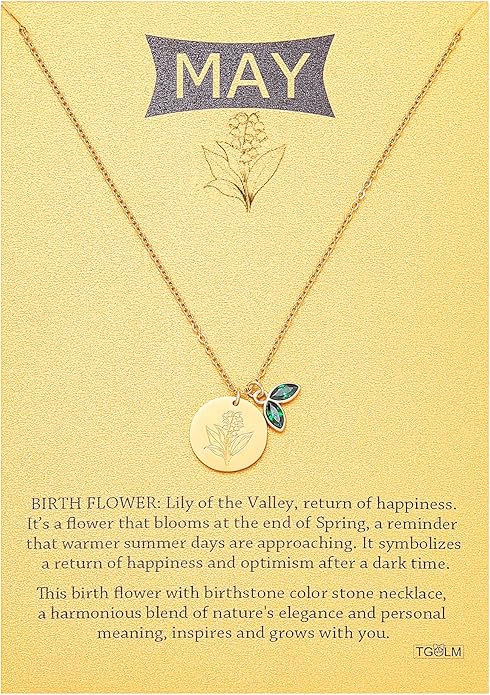 14k Gold Plated Birth Month Flower Birthstone Pendant Necklace, Floral Charm Necklace for Women Birthday Gift