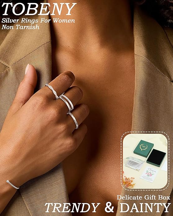 TOBENY Stackable Silver Gold Rings for Women Non Tarnish 14K Gold Plated Cubic Zirconia Ring Set Trendy Dainty Engagement Wedding Bands Thumb Rings Stacking Promise Statement Rings Jewelry Size 6-10