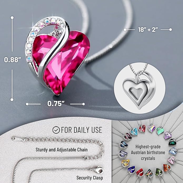 Necklaces for Women, Infinity Love Birthstone Heart Crystal Pendant, Birthday Jewelry Gifts for Her, Mom, and Wife, Silver Plated, 18 plus 2 inch Adjustable Chain