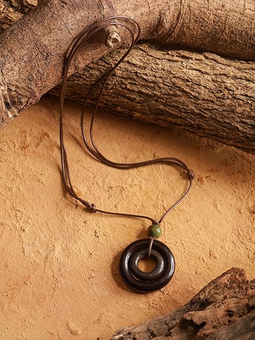 MINACHI Ethnic Boho Chic Double Wooden Ring Circle Necklace, Vintage Bohemian Summer Statement Jewelry Gift for Women
