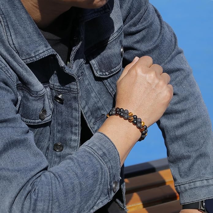 Triple Protection Bracelet for Men Women, Genuine Premium Tiger Eye Black Onyx and Lava Rock 8mm Handmade Bead Bracelet Healing Crystal Protection Bracelets Bring Luck and Prosperity and Happiness
