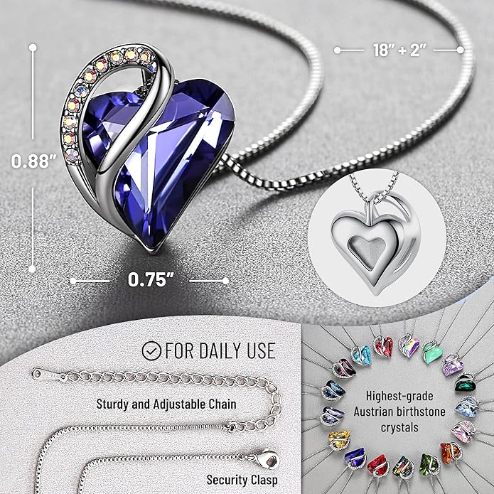 Necklaces for Women, Infinity Love Birthstone Heart Crystal Pendant, Birthday Jewelry Gifts for Her, Mom, and Wife, Silver Plated, 18 plus 2 inch Adjustable Chain