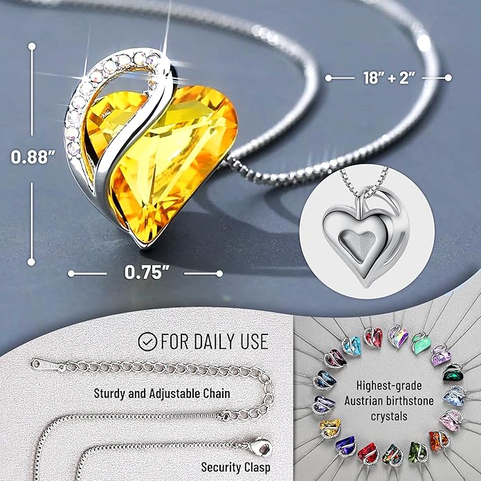 Necklaces for Women, Infinity Love Birthstone Heart Crystal Pendant, Birthday Jewelry Gifts for Her, Mom, and Wife, Silver Plated, 18 plus 2 inch Adjustable Chain