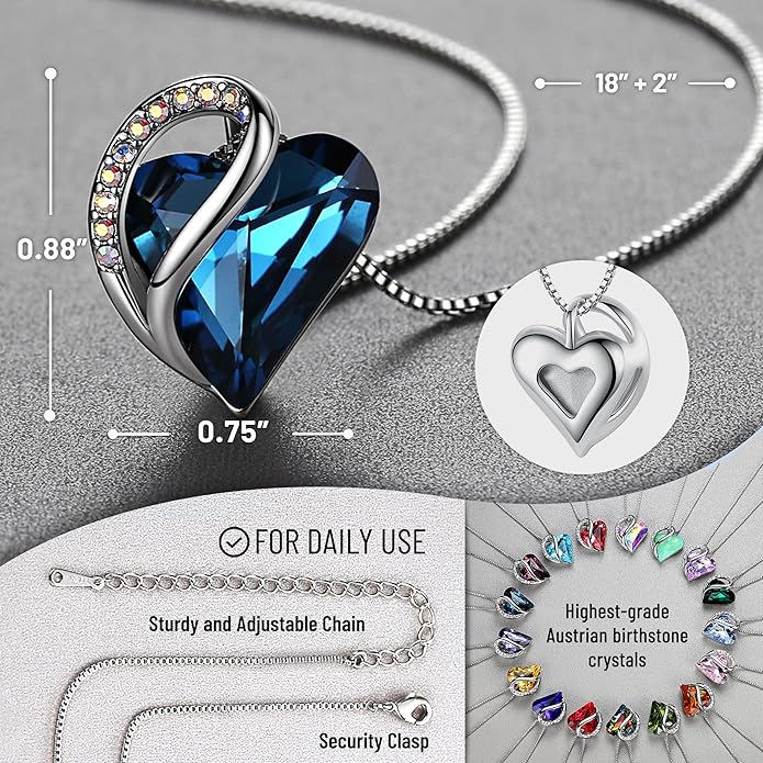 Necklaces for Women, Infinity Love Birthstone Heart Crystal Pendant, Birthday Jewelry Gifts for Her, Mom, and Wife, Silver Plated, 18 plus 2 inch Adjustable Chain