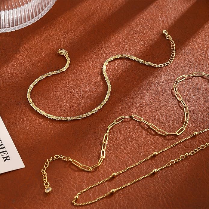 Ankle Bracelets for Women 14K Real Gold Silver Plated Ankle Bracelets Waterproof Heart Beads Rope Satellite Anklets Set Adjustable Layered Anklet Bracelets No Tarnish Summer Beach Jewelry Gift