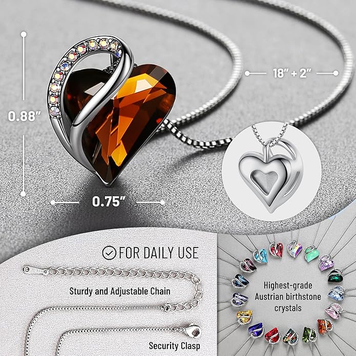 Necklaces for Women, Infinity Love Birthstone Heart Crystal Pendant, Birthday Jewelry Gifts for Her, Mom, and Wife, Silver Plated, 18 plus 2 inch Adjustable Chain